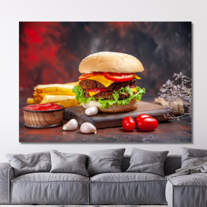 Quadro Moderno Hamburger Gourmet Con Doppio Formaggio E Verdure Fresche foo65 quadro stampato su tela