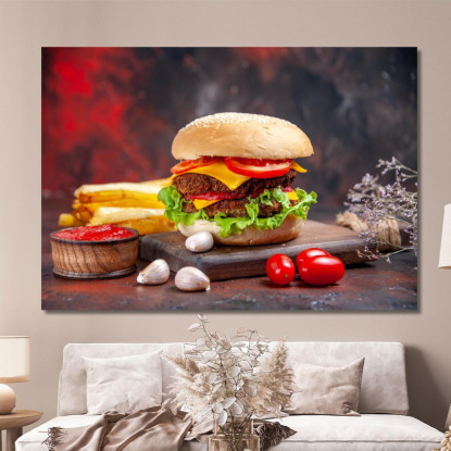 Quadro Moderno Hamburger Gourmet Con Doppio Formaggio E Verdure Fresche foo65 quadro stampato su tela