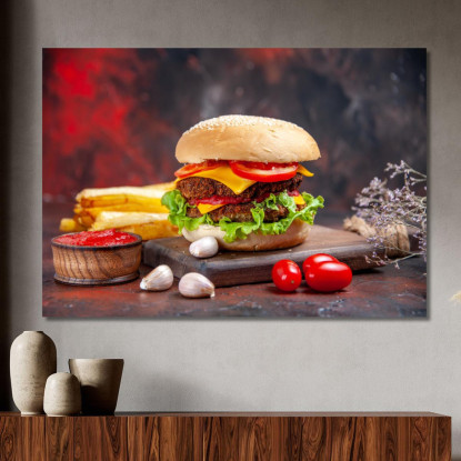 Quadro Moderno Hamburger Gourmet Con Doppio Formaggio E Verdure Fresche foo65 quadro stampato su tela