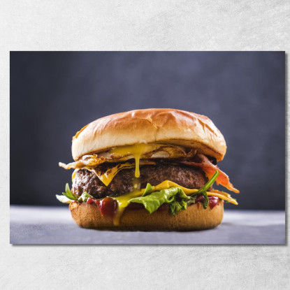 Quadro Moderno Hamburger Gourmet Con Uovo Fritto Bacon Croccante E Formaggio Fuso foo67 quadro stampato su tela