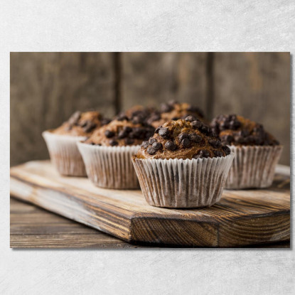 Quadro Moderno Muffin Al Cioccolato Con Gocce Fondenti Su Tagliere Rustico foo82 quadro stampato su tela