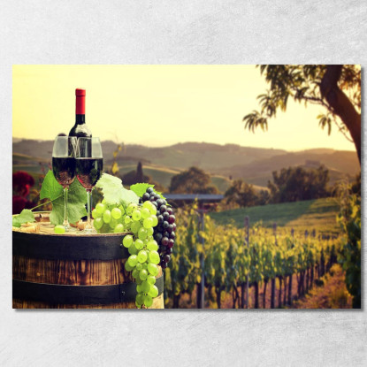 Quadro Moderno Paesaggio Di Vigneto Con Bottiglia E Bicchieri Di Vino foo84 quadro stampato su tela