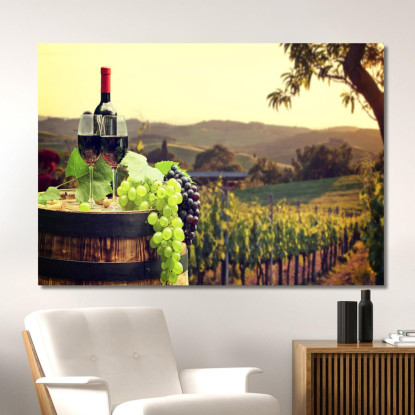 Quadro Moderno Paesaggio Di Vigneto Con Bottiglia E Bicchieri Di Vino foo84 quadro stampato su tela