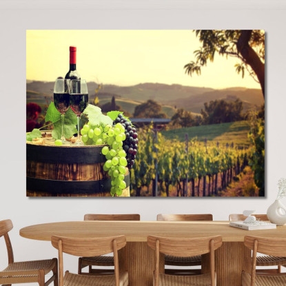 Quadro Moderno Paesaggio Di Vigneto Con Bottiglia E Bicchieri Di Vino foo84 quadro stampato su tela