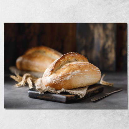 Quadro Moderno Pagnotta Di Pane Rustico Con Crosta Croccante Su Tagliere Di Legno foo85 quadro stampato su tela