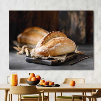 Quadro Moderno Pagnotta Di Pane Rustico Con Crosta Croccante Su Tagliere Di Legno foo85 quadro stampato su tela
