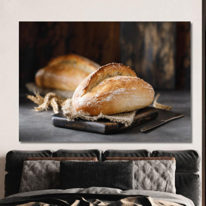 Quadro Moderno Pagnotta Di Pane Rustico Con Crosta Croccante Su Tagliere Di Legno foo85 quadro stampato su tela