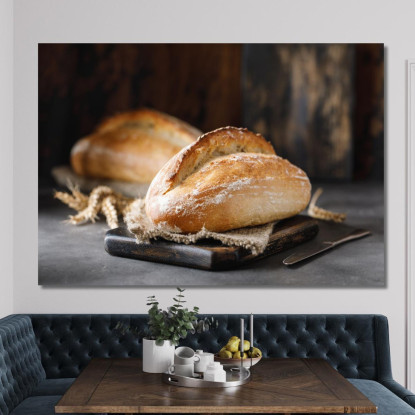 Quadro Moderno Pagnotta Di Pane Rustico Con Crosta Croccante Su Tagliere Di Legno foo85 quadro stampato su tela