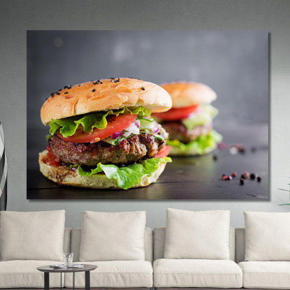 Quadro Moderno Panino Gourmet Con Carne Alla Griglia E Verdure Fresche foo89 quadro stampato su tela