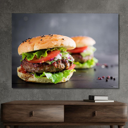 Quadro Moderno Panino Gourmet Con Carne Alla Griglia E Verdure Fresche foo89 quadro stampato su tela