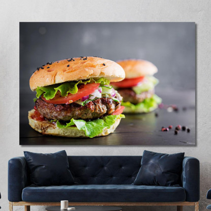 Quadro Moderno Panino Gourmet Con Carne Alla Griglia E Verdure Fresche foo89 quadro stampato su tela