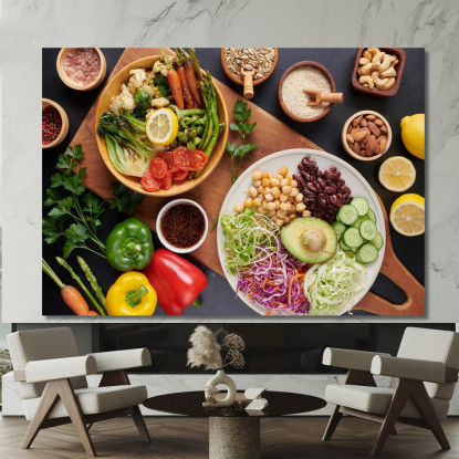 Quadro Moderno Piatto Vegetariano Con Verdure Fresche Legumi E Frutta Secca foo92 quadro stampato su tela