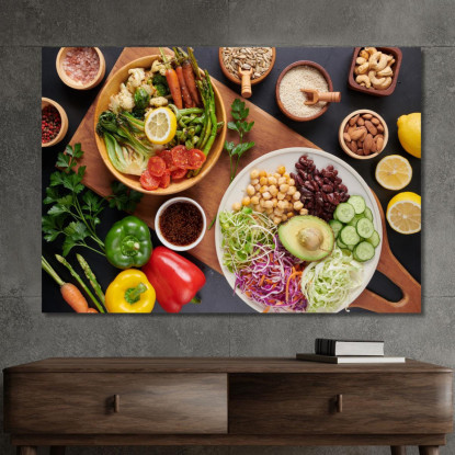 Quadro Moderno Piatto Vegetariano Con Verdure Fresche Legumi E Frutta Secca foo92 quadro stampato su tela