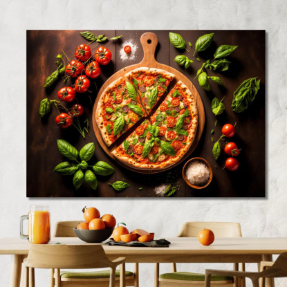 Quadro Moderno Pizza Margherita Con Basilico Fresco E Pomodorini foo94 quadro stampato su tela