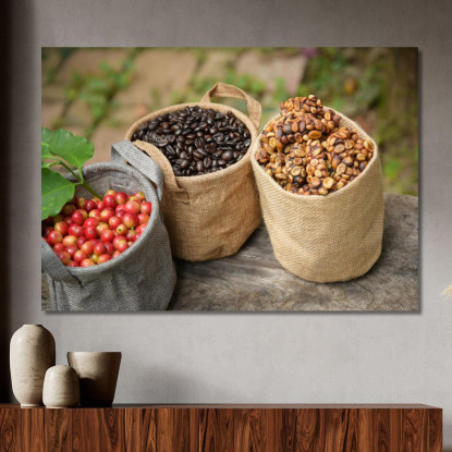 Quadro Moderno Sacchi Di Caffè Con Chicchi In Diverse Fasi Di Lavorazione foo96 quadro stampato su tela