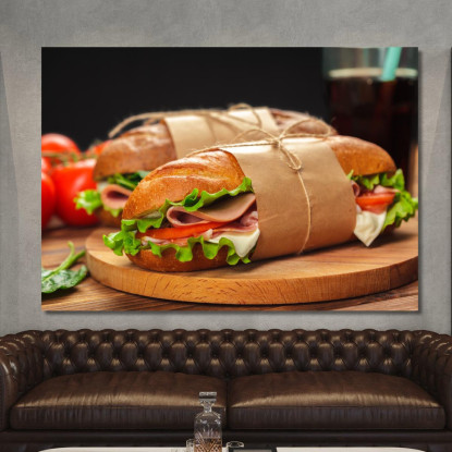 Quadro Moderno Sandwich Gourmet Con Prosciutto E Formaggio Su Pane Croccante foo98 quadro stampato su tela