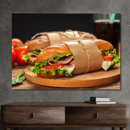 Quadro Moderno Sandwich Gourmet Con Prosciutto E Formaggio Su Pane Croccante foo98 quadro stampato su tela