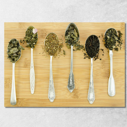 Quadro Moderno Selezione Di Tè In Cucchiai D'Argento Su Tavola Di Legno foo99 quadro stampato su tela