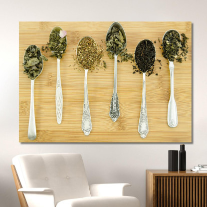 Quadro Moderno Selezione Di Tè In Cucchiai D'Argento Su Tavola Di Legno foo99 quadro stampato su tela