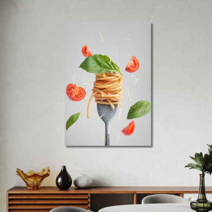 Quadro Moderno Spaghetti Al Pomodoro E Basilico Su Forchetta Con Pomodorini Volanti foo102 quadro stampato su tela