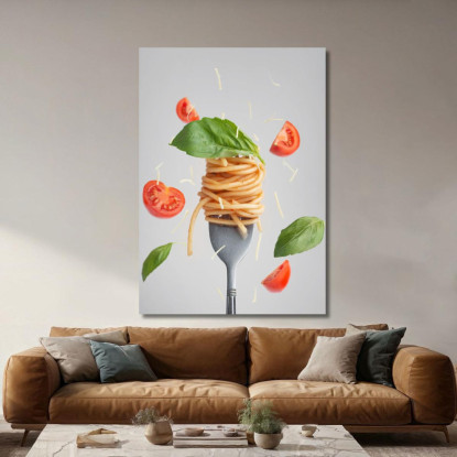 Quadro Moderno Spaghetti Al Pomodoro E Basilico Su Forchetta Con Pomodorini Volanti foo102 quadro stampato su tela