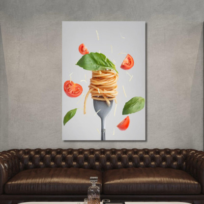 Quadro Moderno Spaghetti Al Pomodoro E Basilico Su Forchetta Con Pomodorini Volanti foo102 quadro stampato su tela