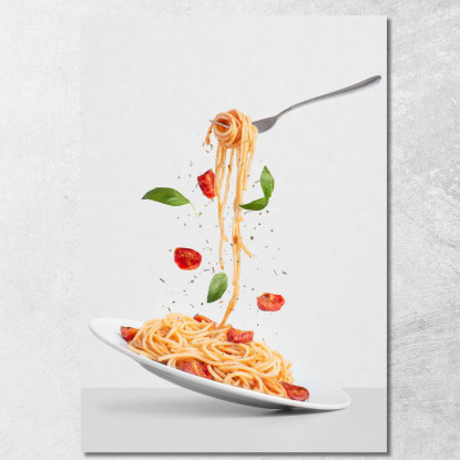 Quadro Moderno Spaghetti Con Pomodoro E Basilico Su Sfondo Grigio Minimalista foo103 quadro stampato su tela