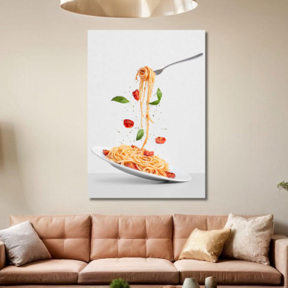 Quadro Moderno Spaghetti Con Pomodoro E Basilico Su Sfondo Grigio Minimalista foo103 quadro stampato su tela