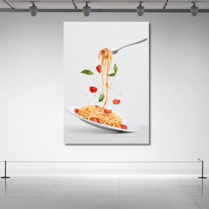 Quadro Moderno Spaghetti Con Pomodoro E Basilico Su Sfondo Grigio Minimalista foo103 quadro stampato su tela