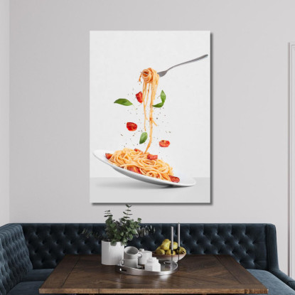 Quadro Moderno Spaghetti Con Pomodoro E Basilico Su Sfondo Grigio Minimalista foo103 quadro stampato su tela