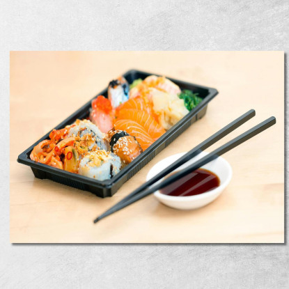 Quadro Moderno Sushi Misto In Bento Box Con Bacchette E Salsa Di Soia foo109 quadro stampato su tela