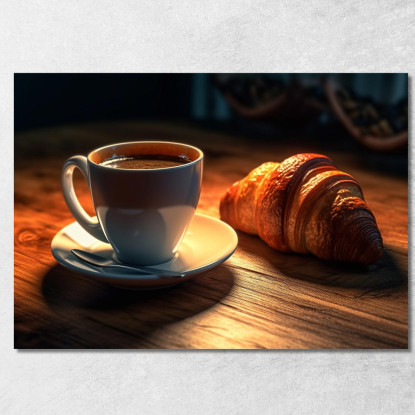Quadro Moderno Tazza Di Caffè Caldo Con Croissant Su Tavolo Di Legno foo111 quadro stampato su tela