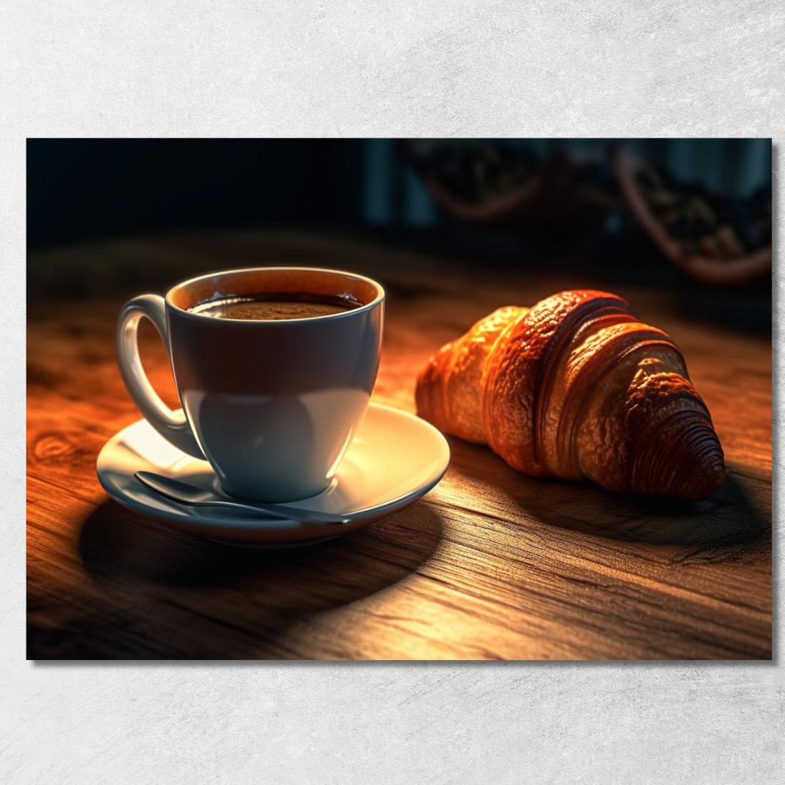Quadro Moderno Tazza Di Caffè Caldo Con Croissant Su Tavolo Di Legno foo111 quadro stampato su tela