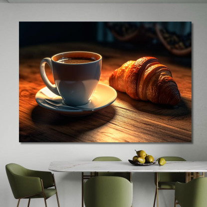 Quadro Moderno Tazza Di Caffè Caldo Con Croissant Su Tavolo Di Legno foo111 quadro stampato su tela
