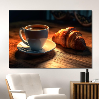 Quadro Moderno Tazza Di Caffè Caldo Con Croissant Su Tavolo Di Legno foo111 quadro stampato su tela