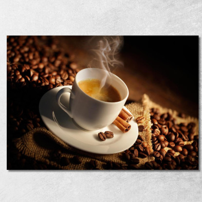 Quadro Moderno Tazza Di Caffè Fumante Con Cannella E Chicchi Di Caffè foo112 quadro stampato su tela