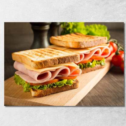 Quadro Moderno Toast Con Prosciutto Formaggio E Lattuga Su Tagliere Di Legno foo116 quadro stampato su tela