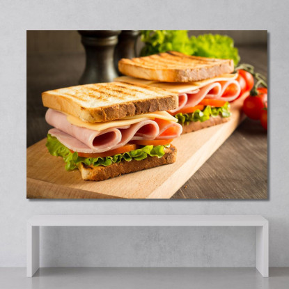 Quadro Moderno Toast Con Prosciutto Formaggio E Lattuga Su Tagliere Di Legno foo116 quadro stampato su tela