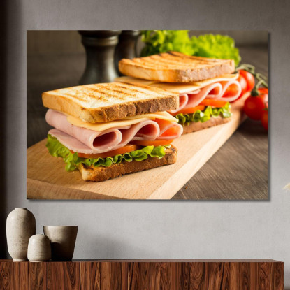 Quadro Moderno Toast Con Prosciutto Formaggio E Lattuga Su Tagliere Di Legno foo116 quadro stampato su tela