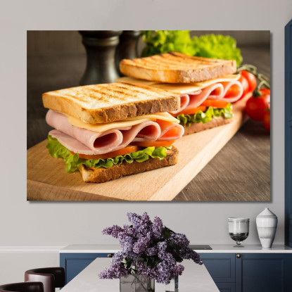 Quadro Moderno Toast Con Prosciutto Formaggio E Lattuga Su Tagliere Di Legno foo116 quadro stampato su tela
