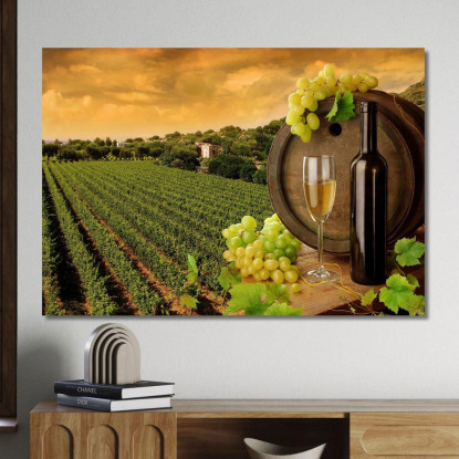 Quadro Moderno Vigneto Al Tramonto Con Botte Di Vino E Uva Bianca foo118 quadro stampato su tela