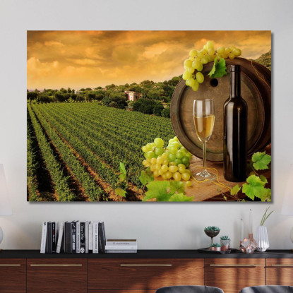 Quadro Moderno Vigneto Al Tramonto Con Botte Di Vino E Uva Bianca foo118 quadro stampato su tela