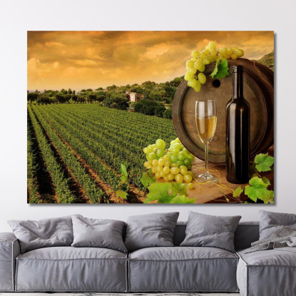Quadro Moderno Vigneto Al Tramonto Con Botte Di Vino E Uva Bianca foo118 quadro stampato su tela