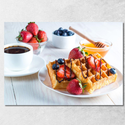 Quadro Moderno Waffle Dorati Con Fragole Cioccolato E Miele Serviti Con Caffè foo126 quadro stampato su tela
