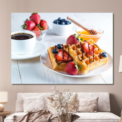 Quadro Moderno Waffle Dorati Con Fragole Cioccolato E Miele Serviti Con Caffè foo126 quadro stampato su tela