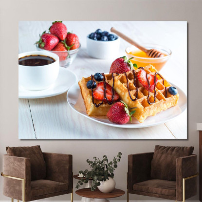 Quadro Moderno Waffle Dorati Con Fragole Cioccolato E Miele Serviti Con Caffè foo126 quadro stampato su tela