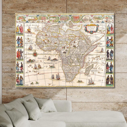 Quadro Mappa Antica Dell'Africa Con Illustrazioni Di Navi E Popolazioni Locali map5 quadro stampato su tela