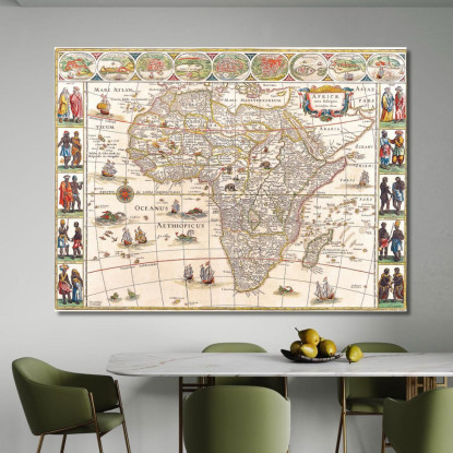 Quadro Mappa Antica Dell'Africa Con Illustrazioni Di Navi E Popolazioni Locali map5 quadro stampato su tela