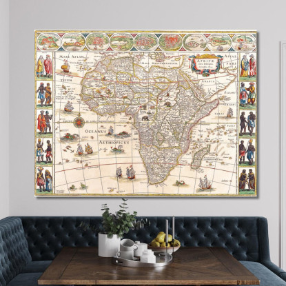 Quadro Mappa Antica Dell'Africa Con Illustrazioni Di Navi E Popolazioni Locali map5 quadro stampato su tela