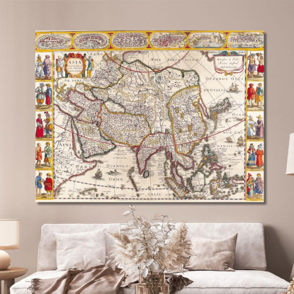 Quadro Mappa Antica Dell'Asia Con Bordatura Decorativa E Stile Rinascimentale map6 quadro stampato su tela